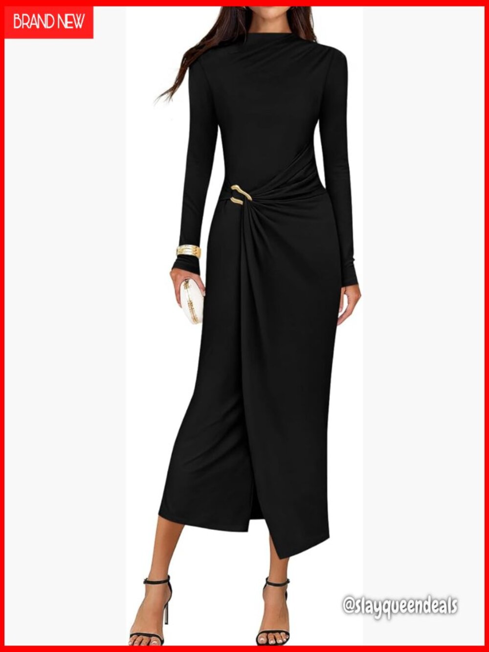 Mock Neck Bodycon Midi Dress Long Sleeve Ruched Cocktail Party